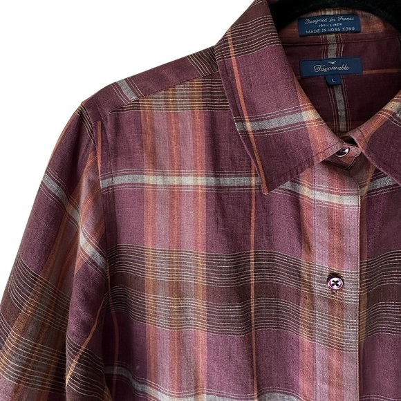 FACONNABLE | PURE LINEN TUNIC SHIRT PLAID LONG SLEEVE BUTTON FRONT PLUM | LARGE - Picture 7 of 9